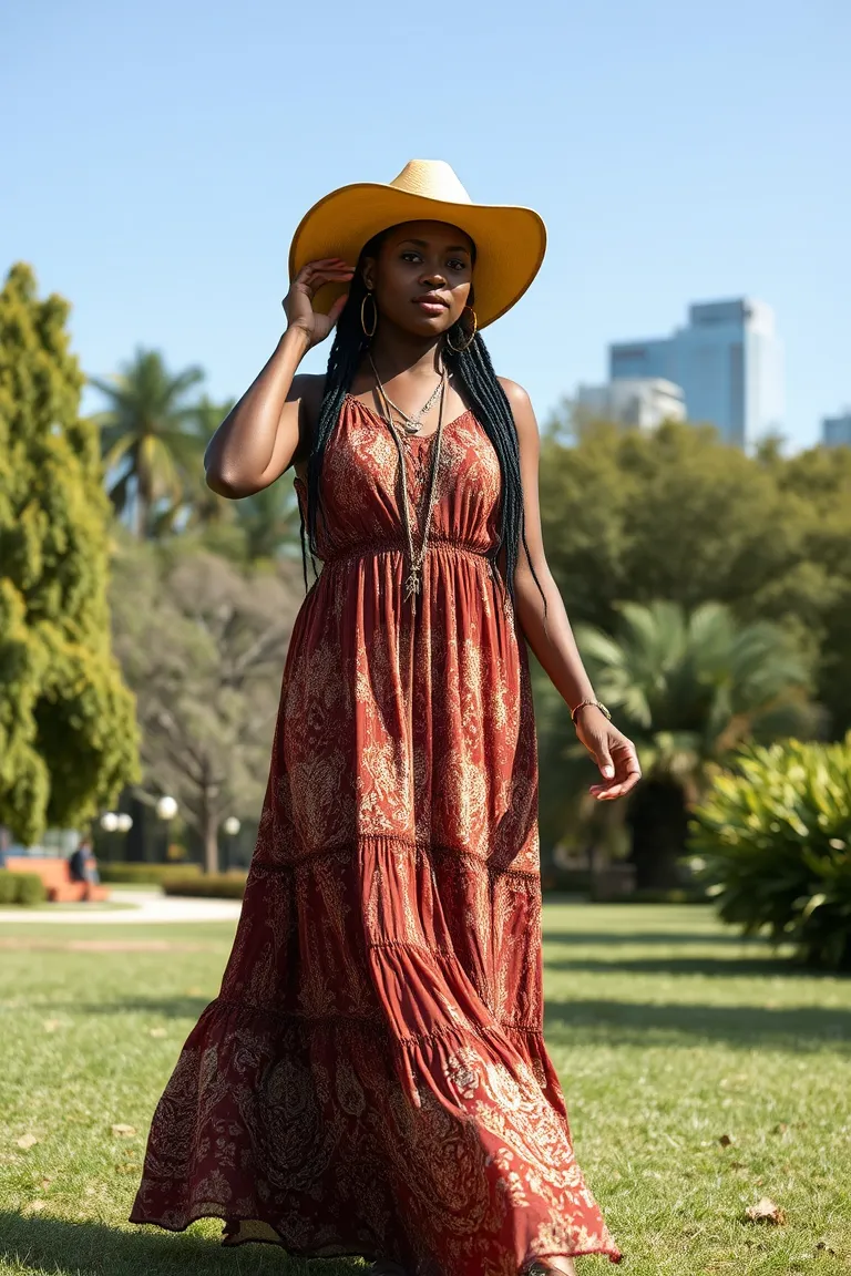 Bohemian Maxi Dress With Cowboy Hat
