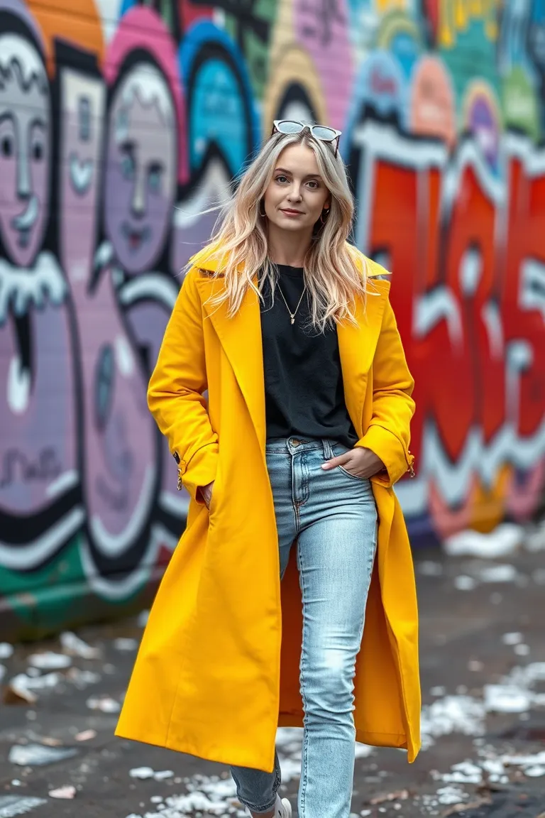 Brightly Colored Coat Over a Simple Tee and Light-Wash Jeans