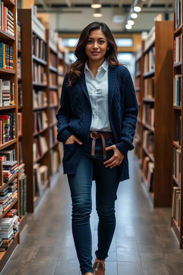 Cable-Knit Cardigan Layered Over a Button-up Shirt and Dark Wash Jeans