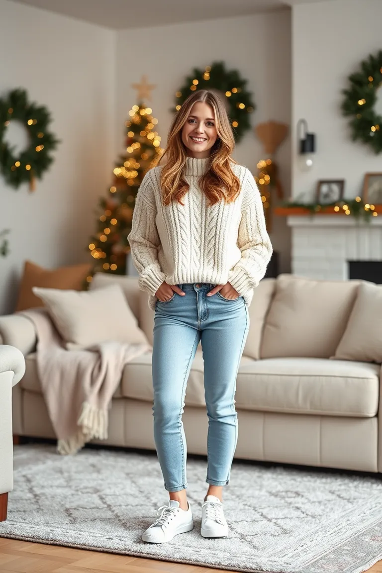 Cable-Knit Sweater With Mom Jeans and Sneakers