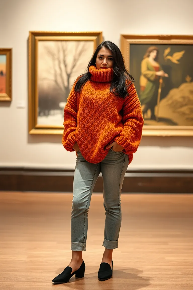 Chunky Knit Sweater With Cropped Jeans and Mules