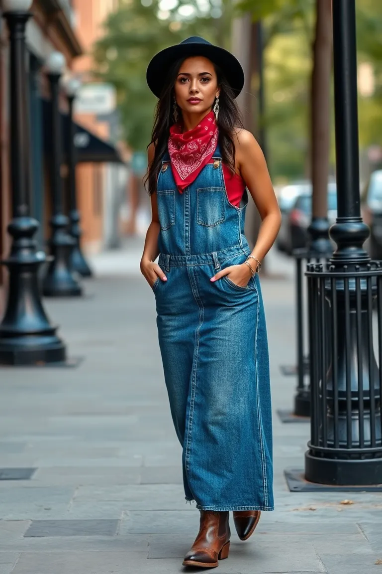 Denim Overall Dress With Bandana