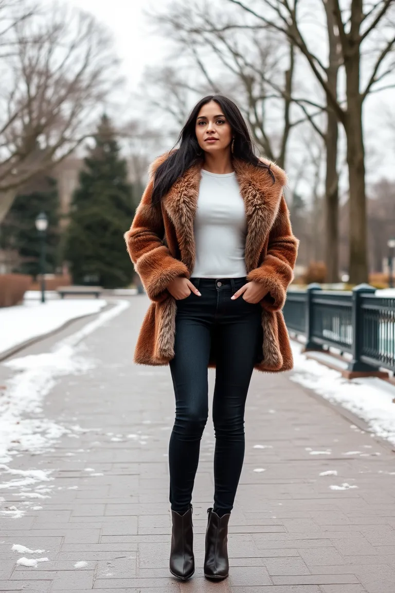 Faux Fur Coat Over a Fitted Top and Skinny Jeans