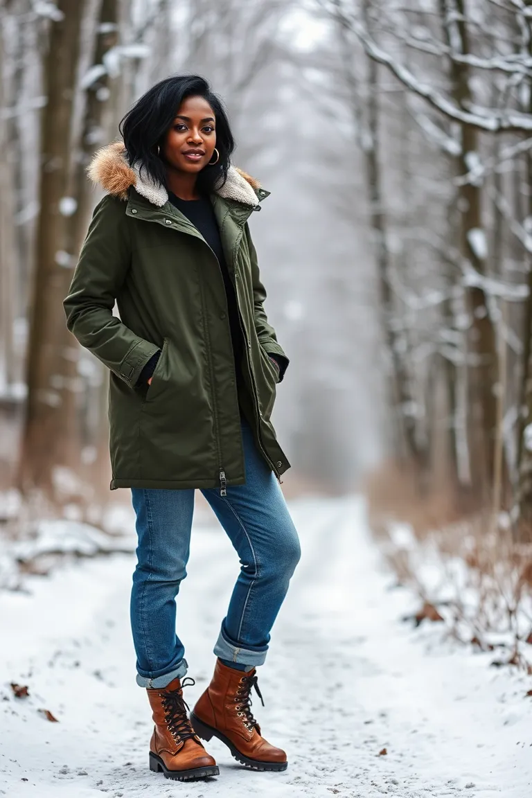 Fleece-Lined Parka With Boyfriend Jeans and Combat Boots