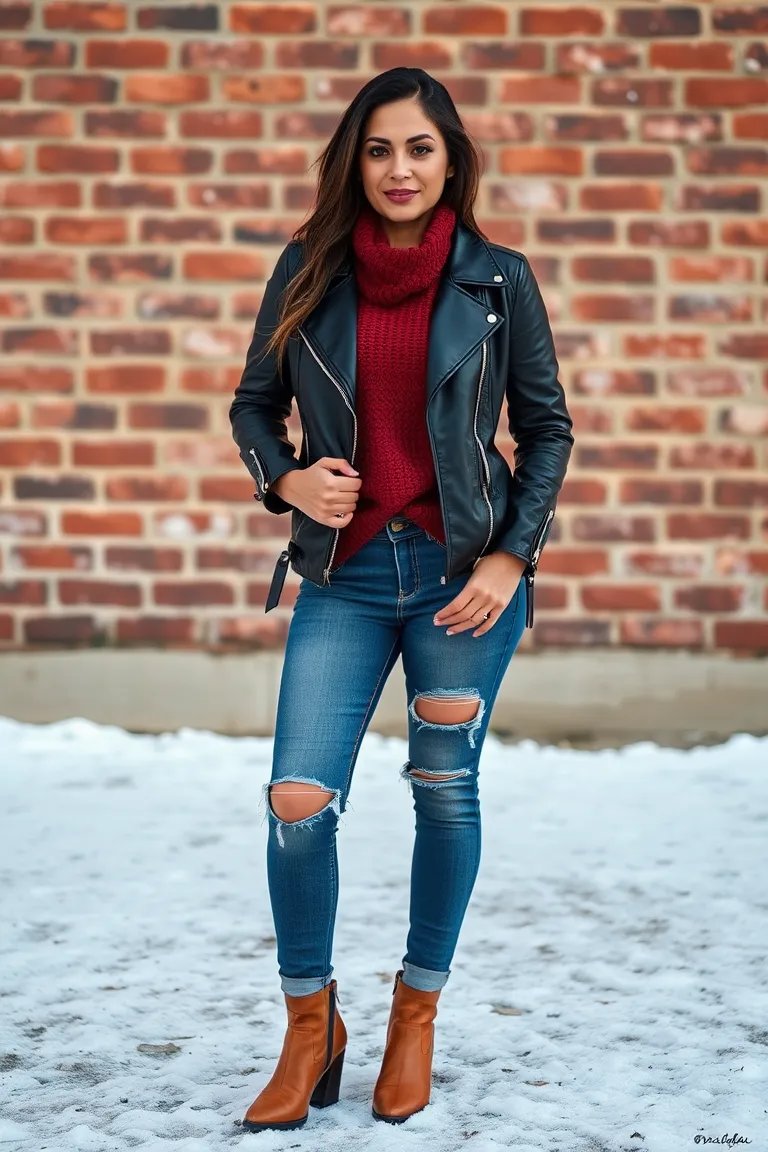 Leather Jacket With Distressed Jeans and Ankle Boots