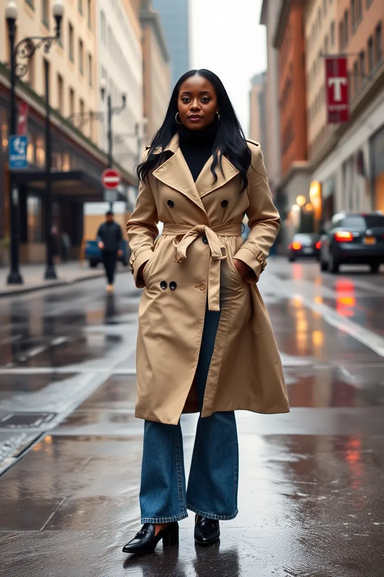 Long Trench Coat With Flared Jeans and Loafers