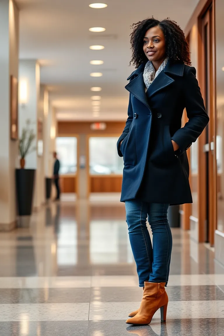 Peacoat Combined With Bootcut Jeans and Heeled Booties