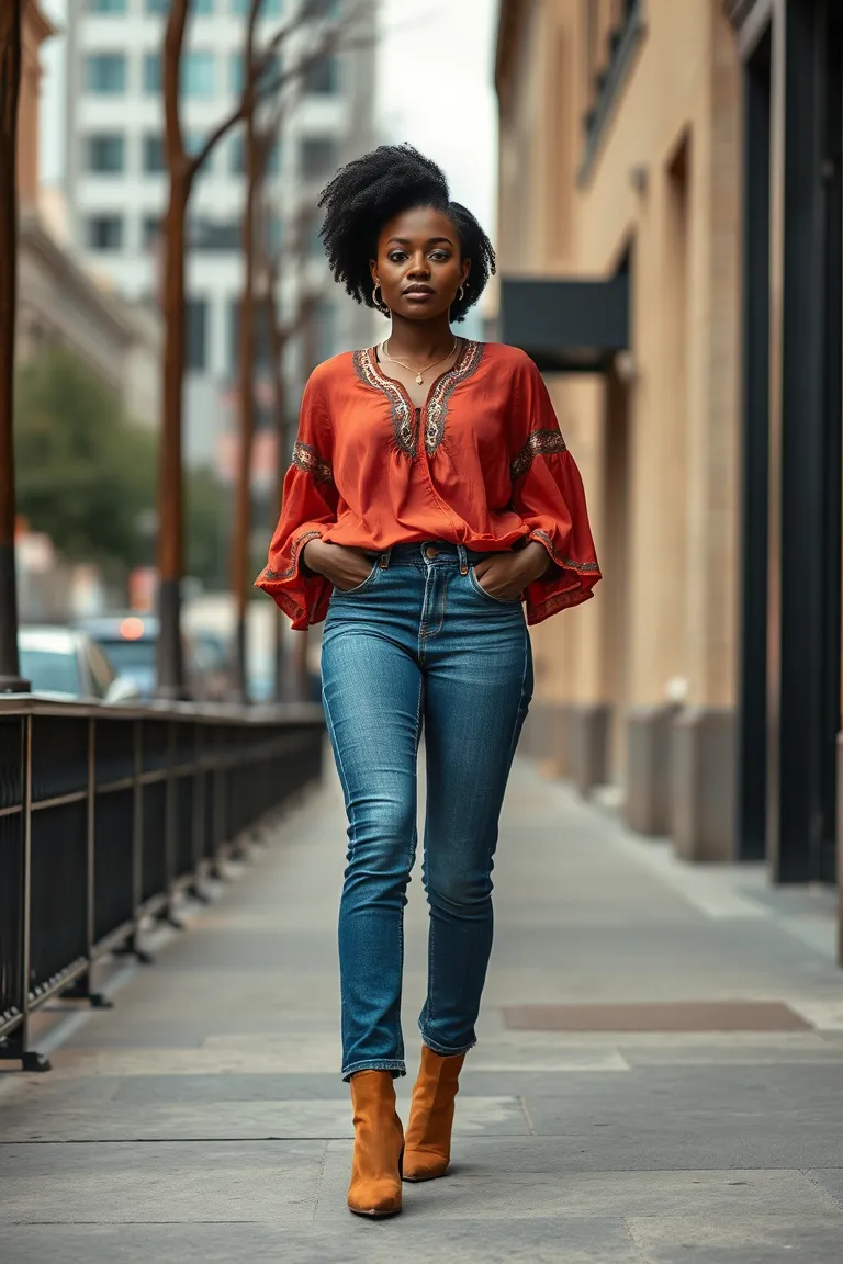 Peasant Blouse With High-Waisted Denim