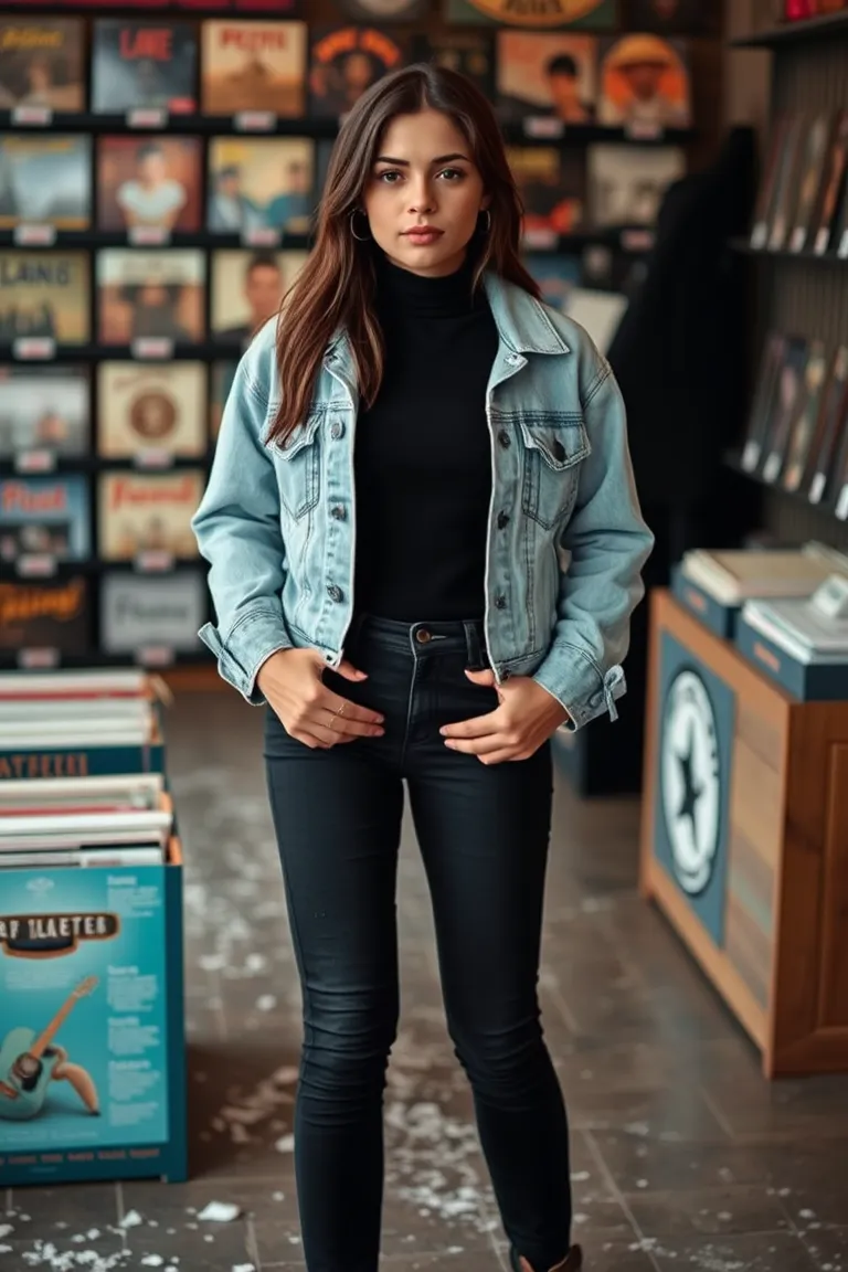 Vintage Denim Jacket Worn With a Turtleneck and Black Skinny Jeans