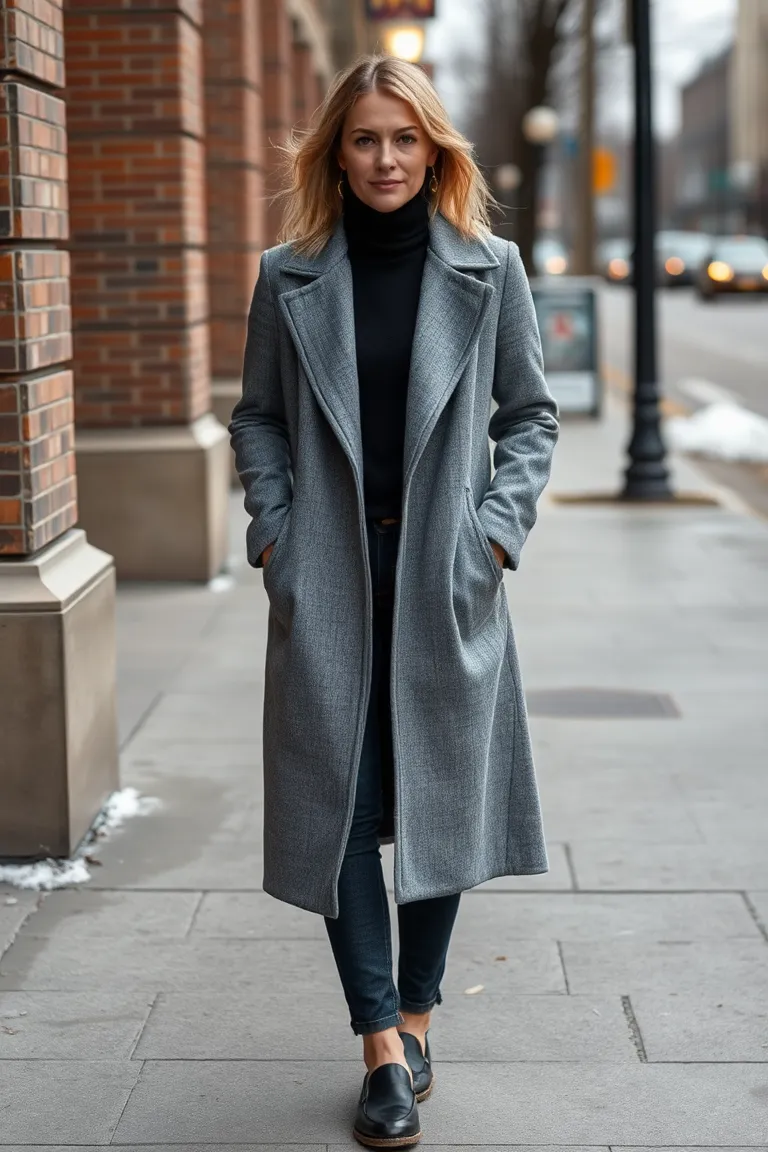 Wool Coat Layered Over a Turtleneck and Jeans