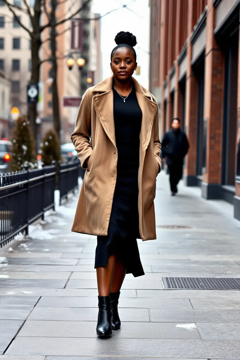 Long-Line Jacket Over a Fitted Top, Midi Skirt, and Ankle Booties