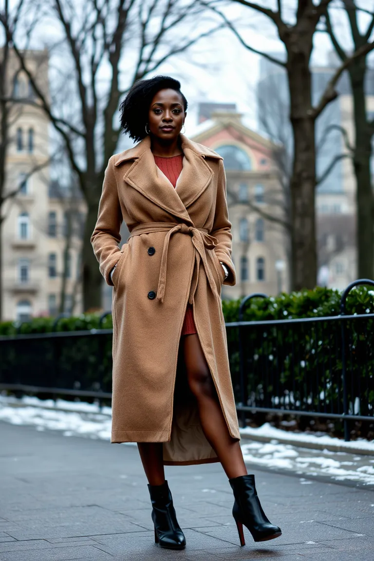 Wrap Dress Layered With a Long Wool Coat and Heeled Ankle Boots